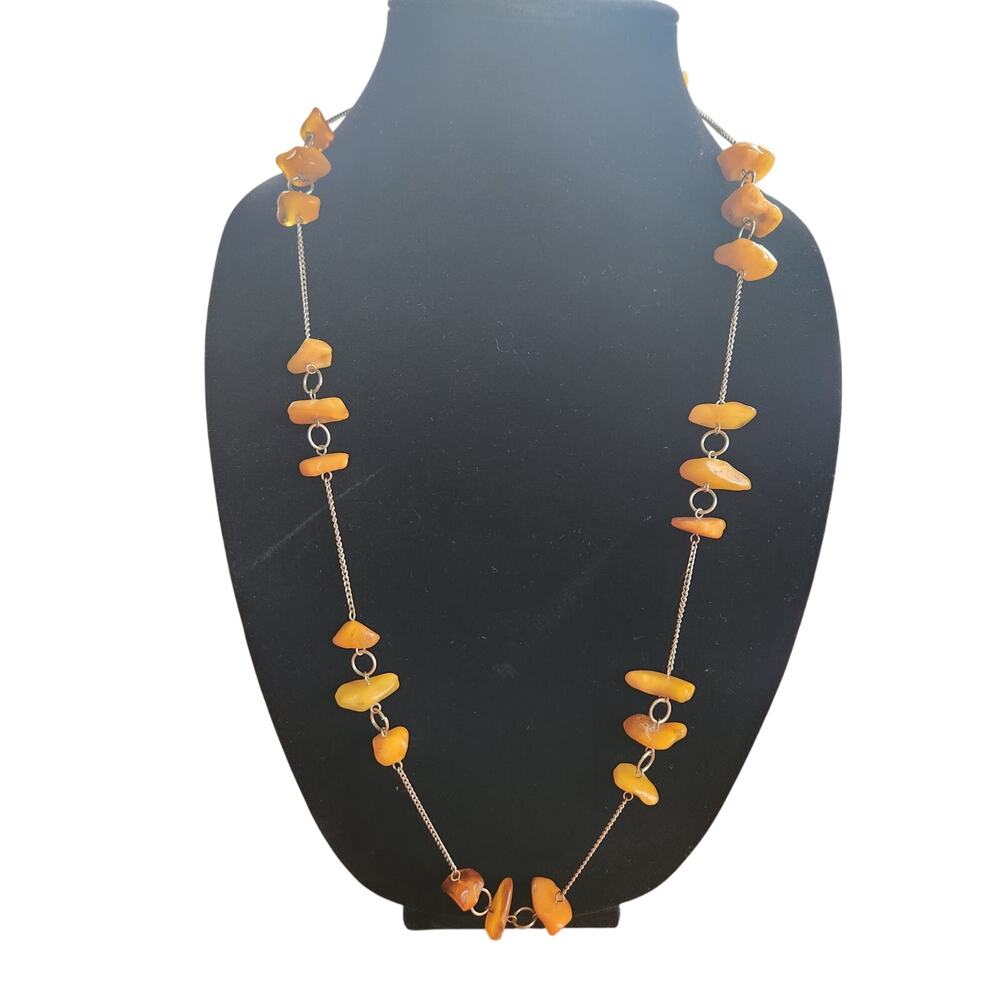 Natural Baltic Amber Butterscotch Chip Station Necklace Silver Tone Chain Boho